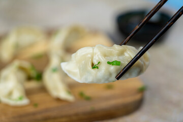 Gyoza or dumplings snack with soy sauce, selective focus, copy space.and chopsticks, sideview.