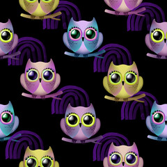 Fototapeta premium Pattern of owls on a black background. Bright colorful birds. Bird pattern set in a flat style. Colorful funny cartoon.