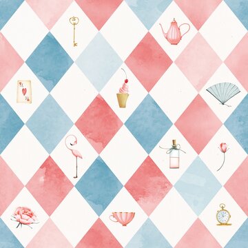 Background of pink and blue rhombuses. Flamingo, fan, teapot, cup, cake, potion bottle, roses, key, watch, card. Cute style. Stock illustration.