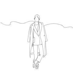 Abstract young woman wearing casual off-season urban clothes and walking streets, hand drawn modern fashion illustration, quick sketch, vector illustration with copyspace for advertising message