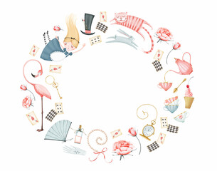 Wonderland oval frame on a white background. Alice girl, cat, rabbit, flamingo, teapot, cups, cake, potion bottle, hat, key, watch, cards. Cute style. Stock illustration.