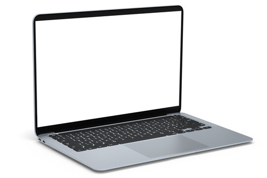 Realistic aluminum laptop with empty white screen isolated on white background.