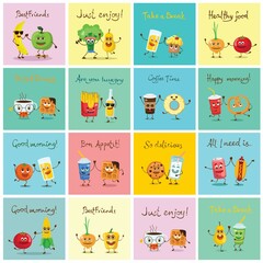 Cute funny food and drink characters set, best friends, funny fast food menu vector Illustrations. Flat vector illustration use for web page, card, poster, banner.
