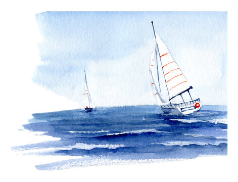 Sailing Yacht in the Sea. Watercolor illustration with Boat and Sail. Blue sky and ocean Waves. Hand painted seascape with ship