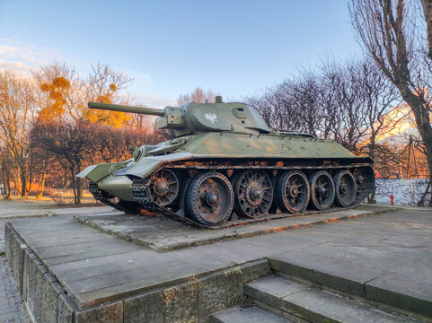 Gdansk, Poland - March 8, 2022: Soviet tank T-34 as monument of 1st Brigade named The heroes of Westerplatte.