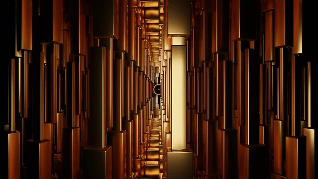 Abstract rows of bronze vertical metal bars spinning around the central core. Design. Black sphere surrounded by 3d stripes.