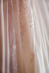 Close up view white wedding dress. Classic wedding dress styles concept