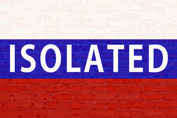 Brick wall with word isolated in Russian flag colors. Message wall flag war Russia ban. News world war economy sanctions icon. Crisis. Blocked. Inscription isolated Russia restrictive wall background