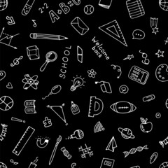 Back to school seamless pattern with hand drawn educational school elements. Welcome back background