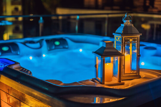 Hot tub with candles ready to take a bath. Valentines day concept