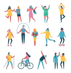 Fototapeta premium Concept of young people walking, running and jumping in the park. Stylish modern vector illustration card with male and female teenagers