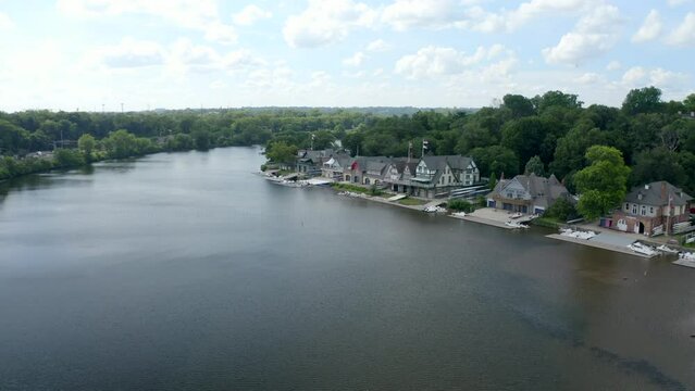 Aerial Shot Approaching The Historic Boathouse Row In Philadelphia Along The Schuylkill River