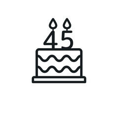 Birthday cake line icon with candle number 45 (forty-five). Vector.