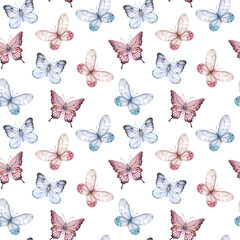 Fototapeta na wymiar Watercolor seamless pattern with butterflies on a white background for decoration.