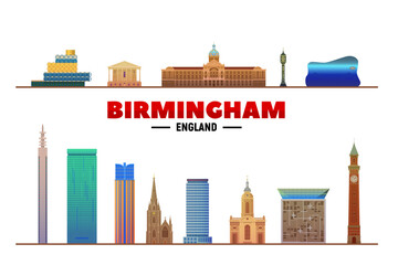 Birmingham (England) city famous landmarks vector at white background. Flat vector illustration. Business travel and tourism concept with modern buildings. Image for banner or web site.