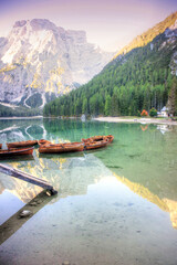 View of the characteristic Braies lake Dolomites Italy