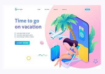 Modern isometry. 3D illustration of a young woman on vacation, booking hotels and buying air tickets online through a mobile app. Landing Page Concept