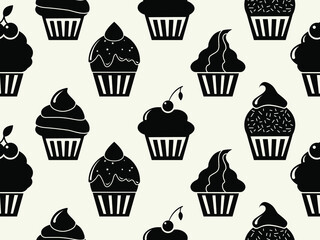 Vector seamless pattern with cupcakes. Black and white background with ordered cupcake silhouettes.