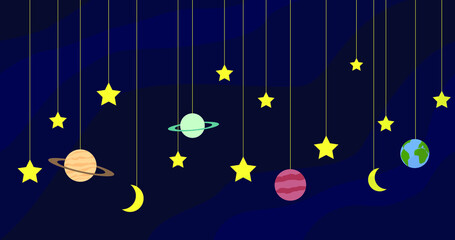 vector space image, stars, planets and the moon hang on a string, night garland