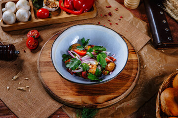 vegetarian salad with potatoes and tomatoes. Top view