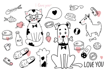 Muurstickers Collection of pets. Cute characters dog with bone and cat with glasses, house slippers, food and animal feed, paw and sausage. Vector illustration. Isolated linear hand drawn for design and decor © Ludmila