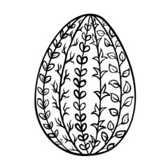 Easter egg with floral pattern isolated on white. Hand drawn black outline sketch in doodle style. Single vector element for spring holiday design, cute baby print, greeting card.