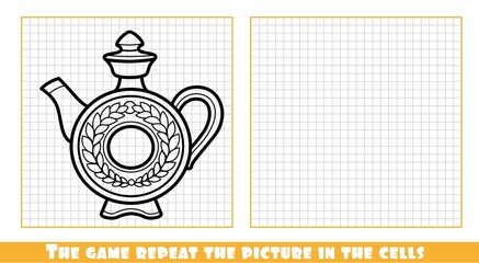 Russian traditional round earthenware jug for kvass outlined the game repeat the picture in the cells - obrazy, fototapety, plakaty