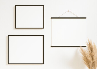 Boho Style Horizontal 8x10 three Black Frames poster mockup. Vertical Black frame on a wooden shelf with plant in a vase. 3d rendering.