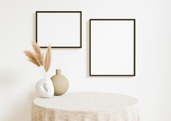 Boho Style Vertical and Horizontal 8x10 two Black Frames mockup. Vertical and horizontal Black frame on a white wall with table and plant in a vase. 3d rendering.