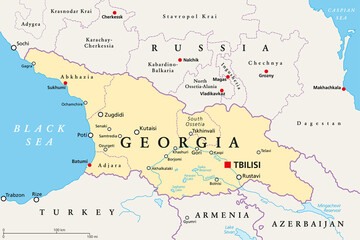 Georgia, political map, with capital Tbilisi, and international borders. Republic and transcontinental country in Eurasia, located south of the North Caucasus Federal District of Russia. Illustration.
