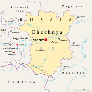 Chechnya, political map, with capital Grozny and borders. Chechen Republic, a republic of Russia, and part of North Caucasus Federal District, situated in the North Caucasus of Eastern Europe. Vector.