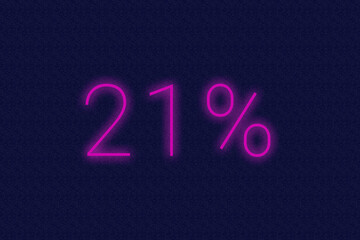 21% percent logo. twenty-one percent neon sign. Number twenty-one on dark purple background. 2d image
