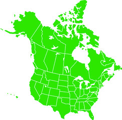 Green colored North America outline map. Political north american map. Vector illustration map.