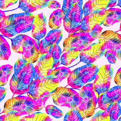 Watercolor seamless pattern with colorful abstract tropical leaves. Bright summer print with exotic plants. Creative trendy botanical textile design. 