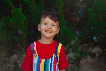 A happy child looks into the camera. bright and colorful portrait of a brave boy in a red T-shirt...