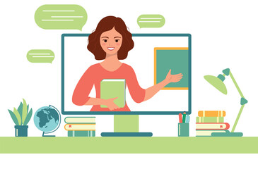 The teacher conducts an online lesson on the computer standing near the blackboard in the classroom. Vector illustration