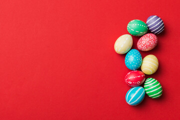 Obraz premium holiday preparation Multi colors Easter eggs on colored background . Pastel color Easter eggs. holiday concept with copy space