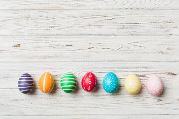 holiday preparation Multi colors Easter eggs on colored background . Pastel color Easter eggs. holiday concept with copy space