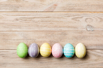 holiday preparation Multi colors Easter eggs on colored background . Pastel color Easter eggs. holiday concept with copy space