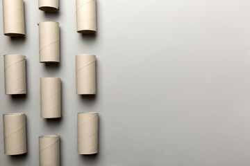 Flat lay composition with empty toilet paper rolls and space for text on color background....