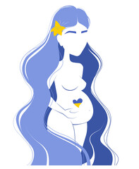 Pregnant woman at war. Stand with Ukraine. Stop war. Pregnant refugee woman from Ukraine
