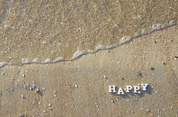 happy. word on the sandy seashore. summer. rest. tourism.