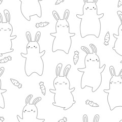 Seamless pattern with hand drawn doodle rabbits and carrots. Coloring page. Cartoon bunny. Outline vector illustration.