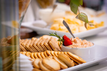 Sun-dried tomato pate with crackers and toast . Dried tomato pate