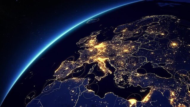 European Map With Bright Connections. This Video can be used to Represent Concepts Like Futuristic Technology, Social Networks, Satellite Telecommunication.