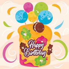Colored birthday card Isolated cake with lollipops Vector