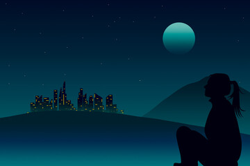 Fototapeta na wymiar silhouette of a girl sitting on the moon, One night in the mountains