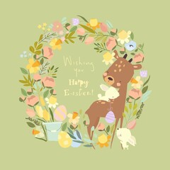 Cute Cartoon Wreath with Animals celebrating Easter