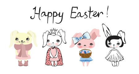 Happy Easter greeting card with cute rabbit. Vector illustration