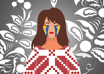 The girl sheds tears with the color of the flag of Ukraine. Pray for Ukraine. Stop war. Vector.